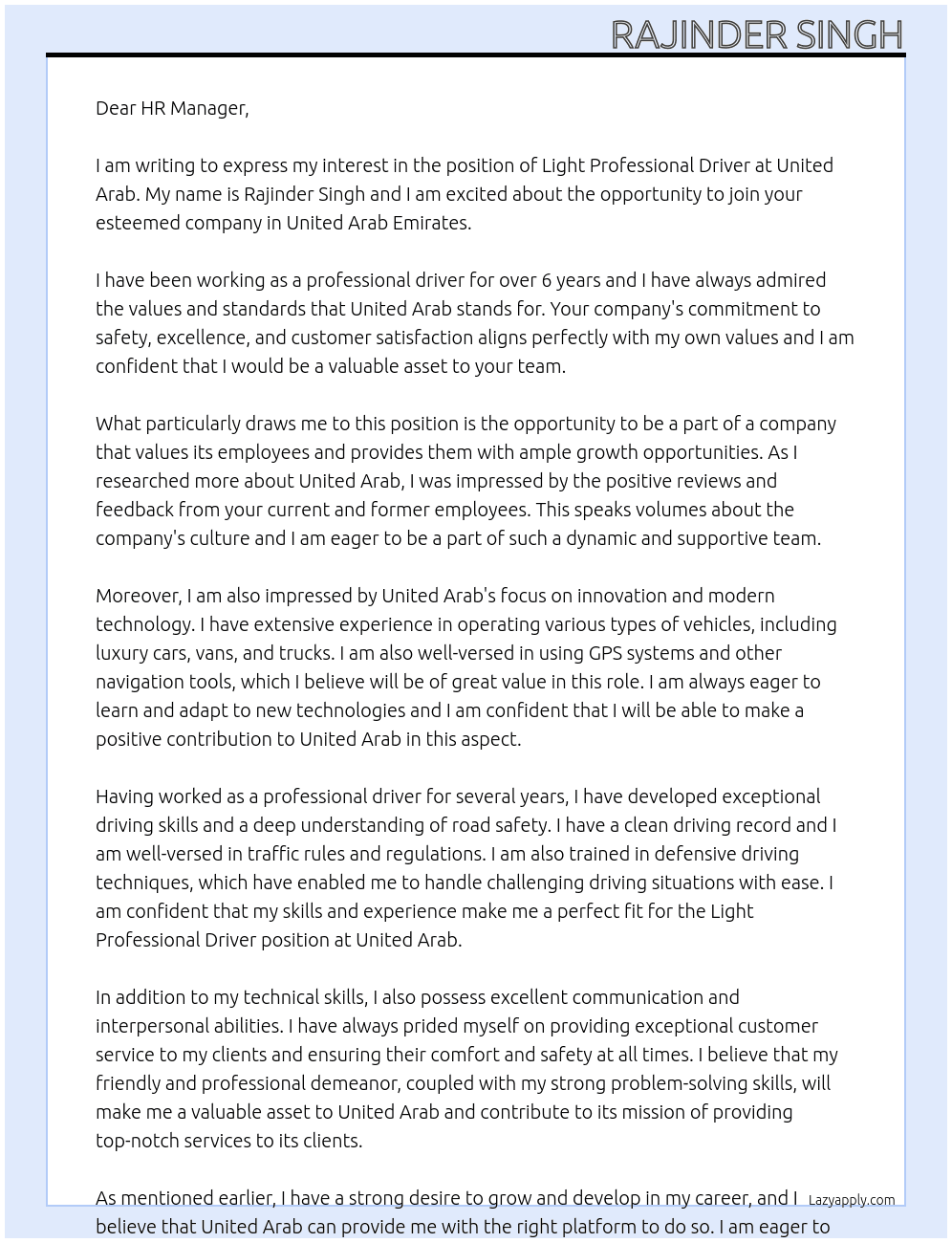 Light professional Driver  At United Arab Cover Letter