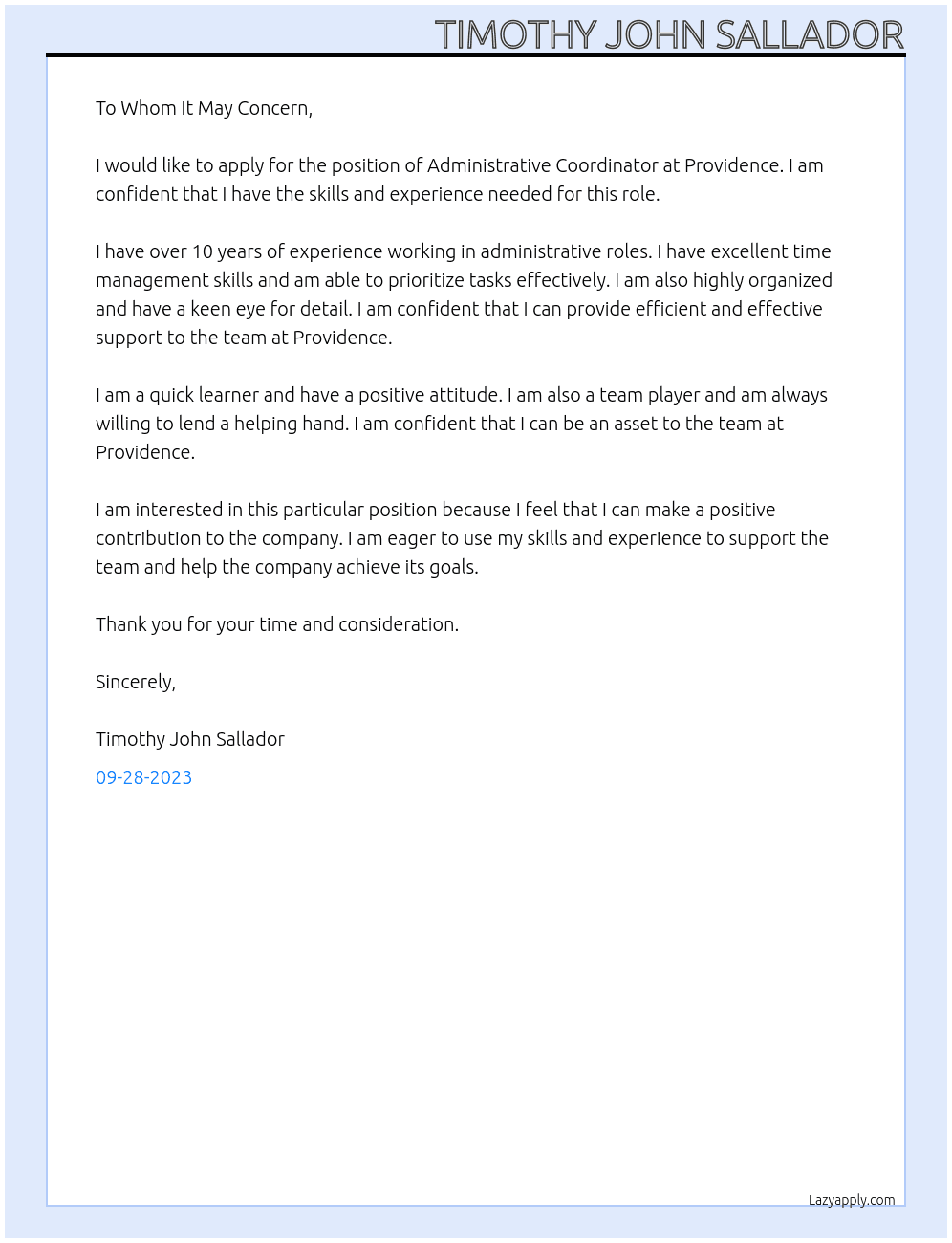 Administrative Coordinator At Providence Cover Letter
