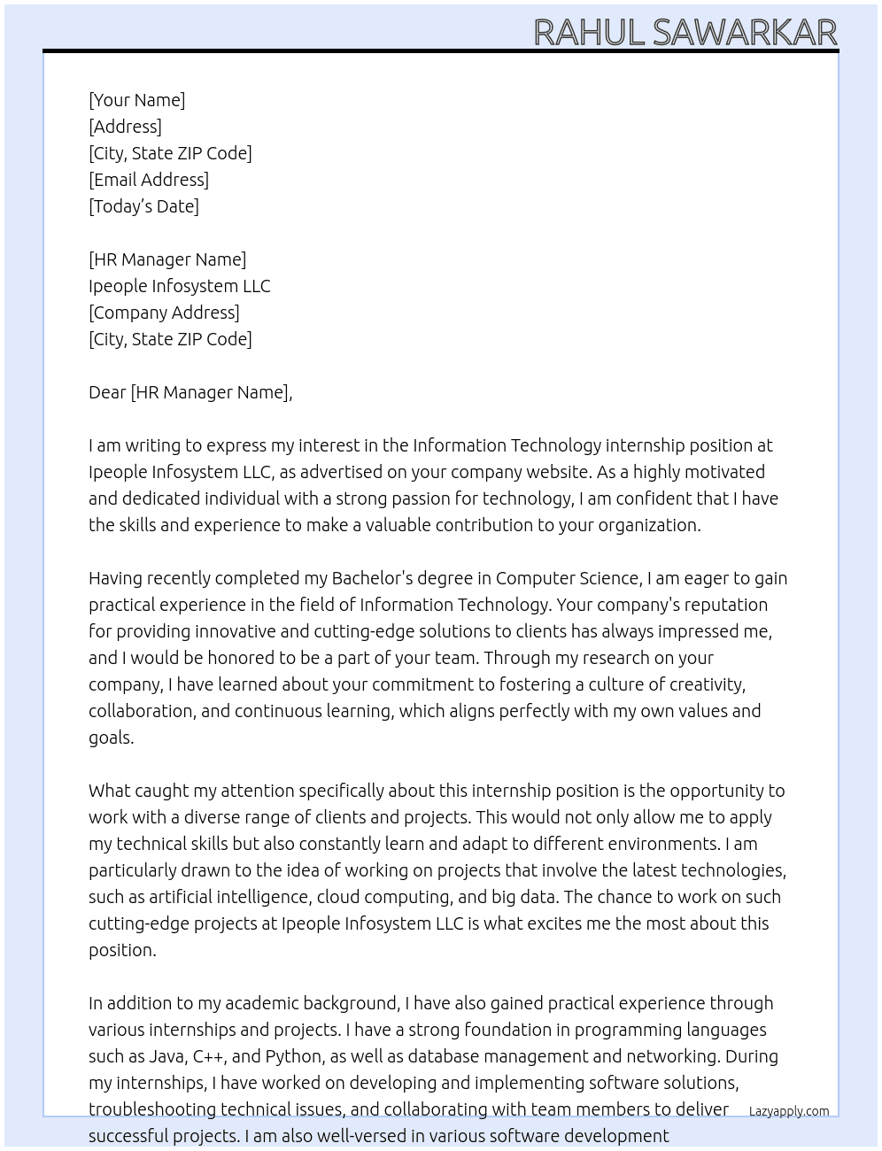 Information Technology internship At Ipeople Infosystem LLC Cover Letter