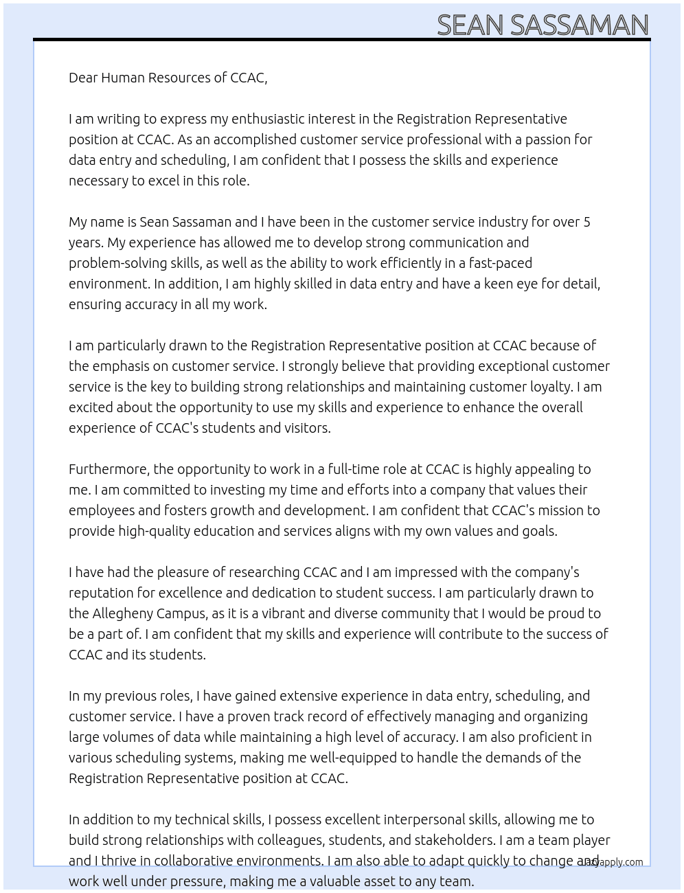 Registration representative  At CCAC Cover Letter