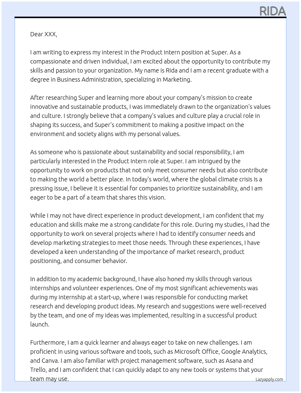 Product intern At Super Cover Letter