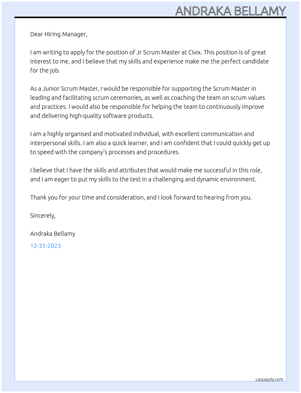 Jr Scrum Master  At Civix Cover Letter