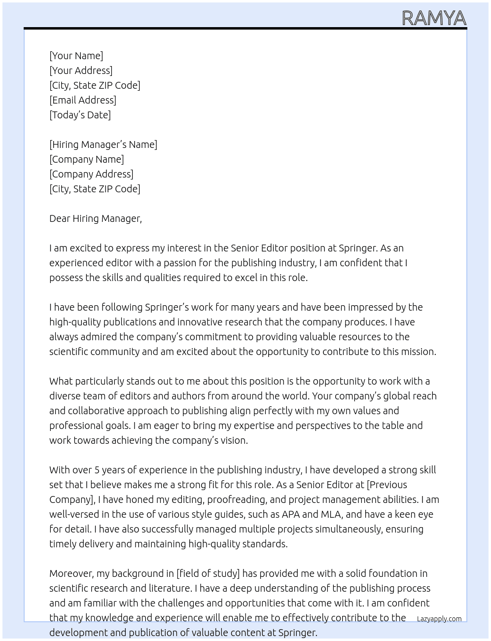 Senior editor At Springer Cover Letter