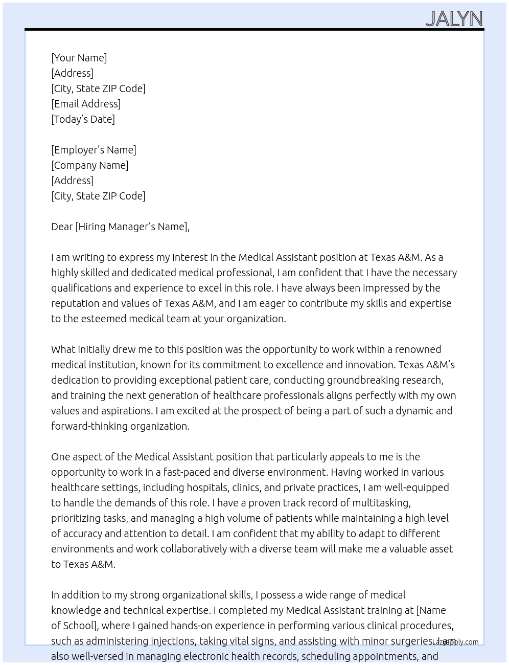 Medical Assistant At Texas A&M Cover Letter