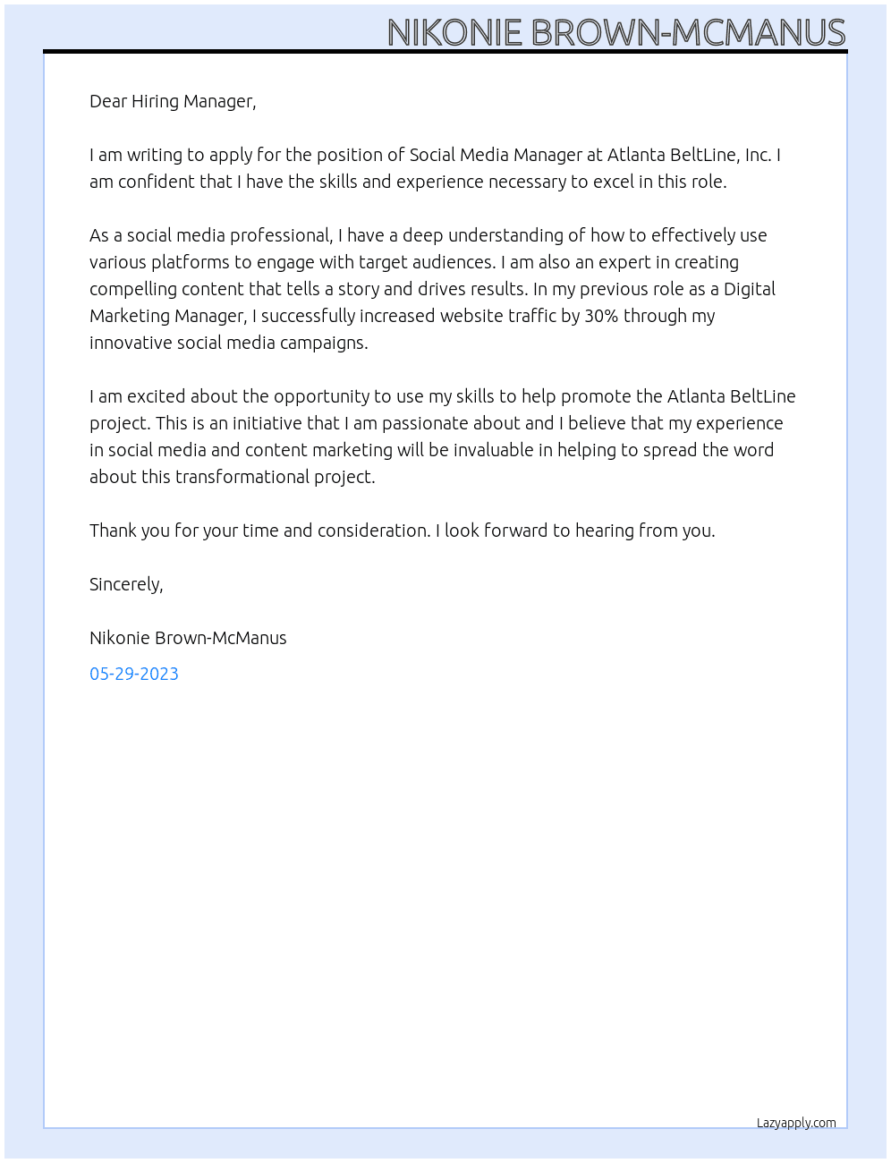 Social Media Manager At Atlanta BeltLine, Inc. Cover Letter