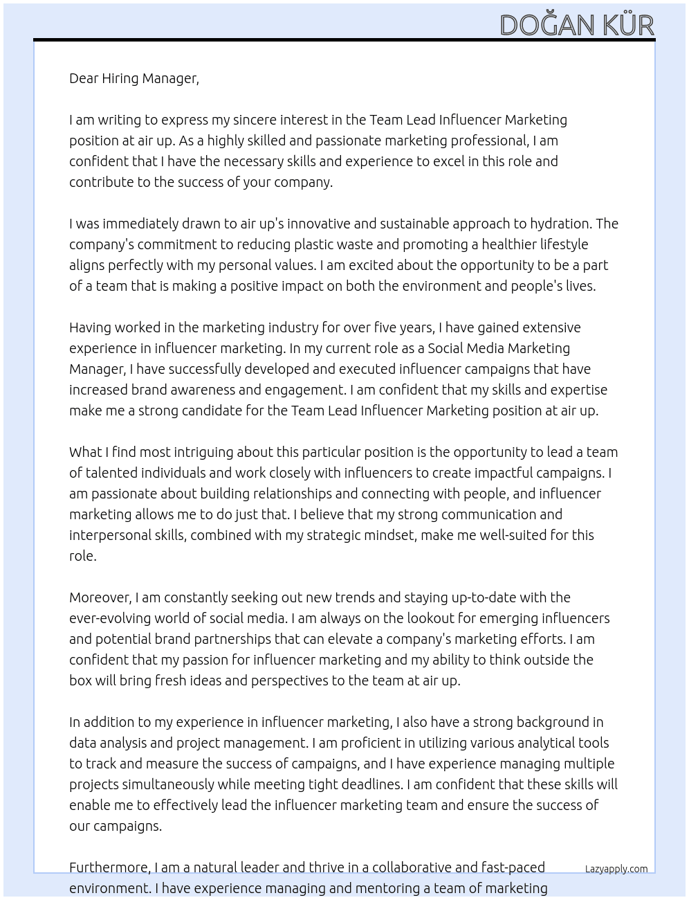 Team Lead Influencer Marketing At air up Cover Letter