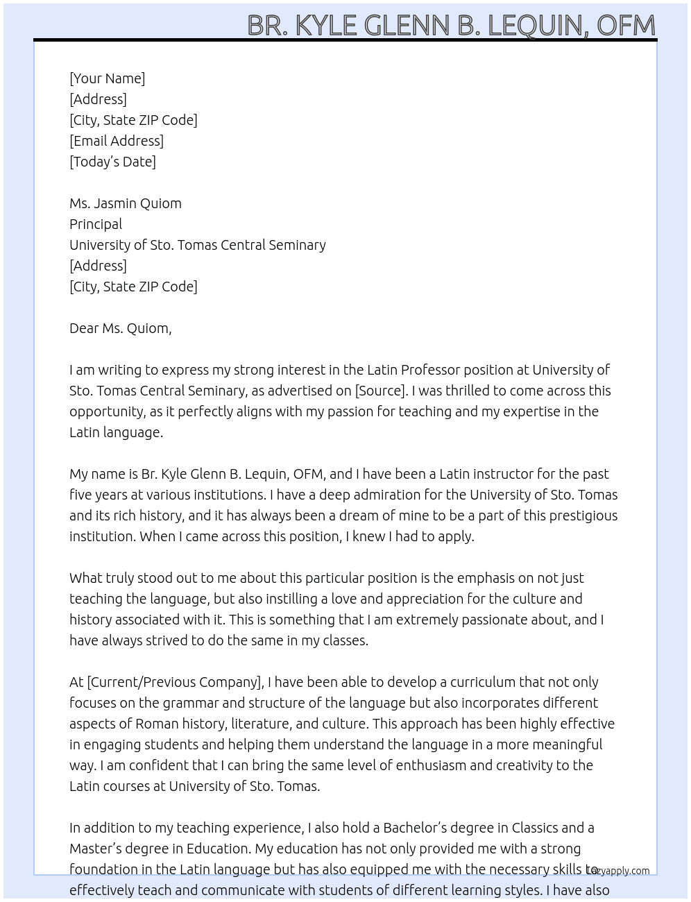 Latin Professor At University of Sto. Tomas Central Seminary Cover Letter