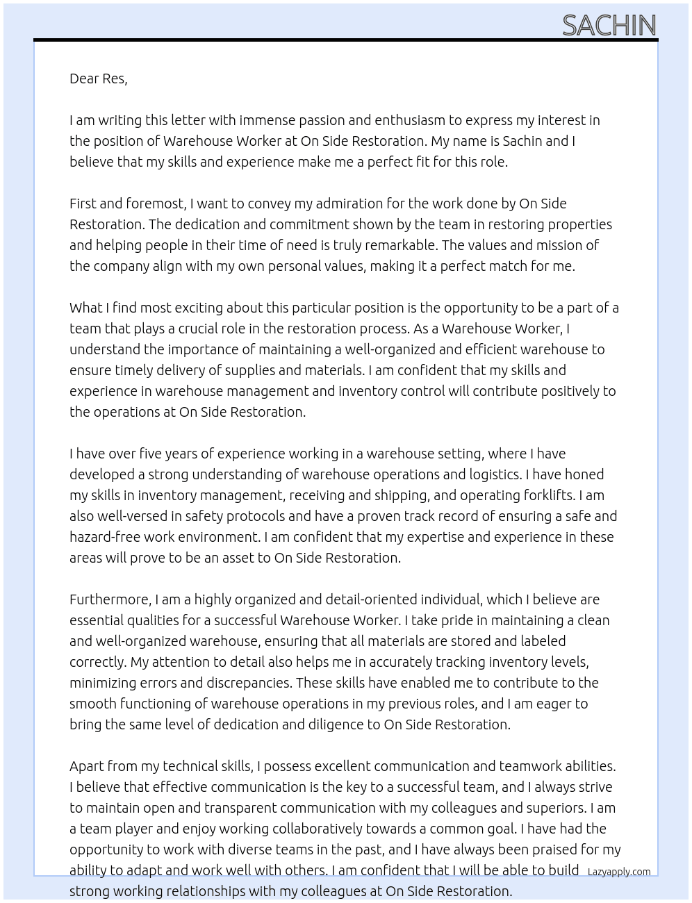 Warehouse worker  At On Side Restoration  Cover Letter
