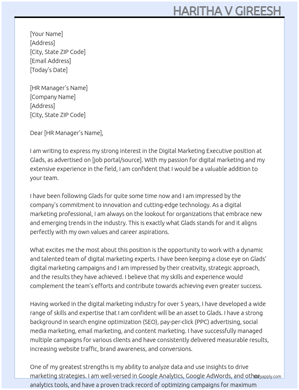 Digital marketing executive  At Glads Cover Letter