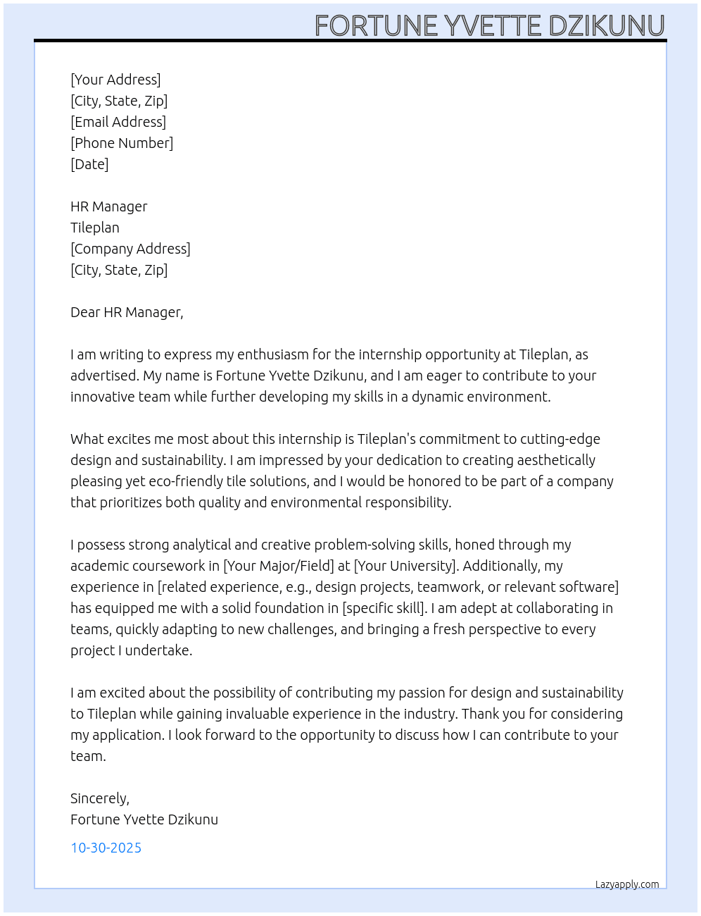 Internship  At Tileplan Cover Letter