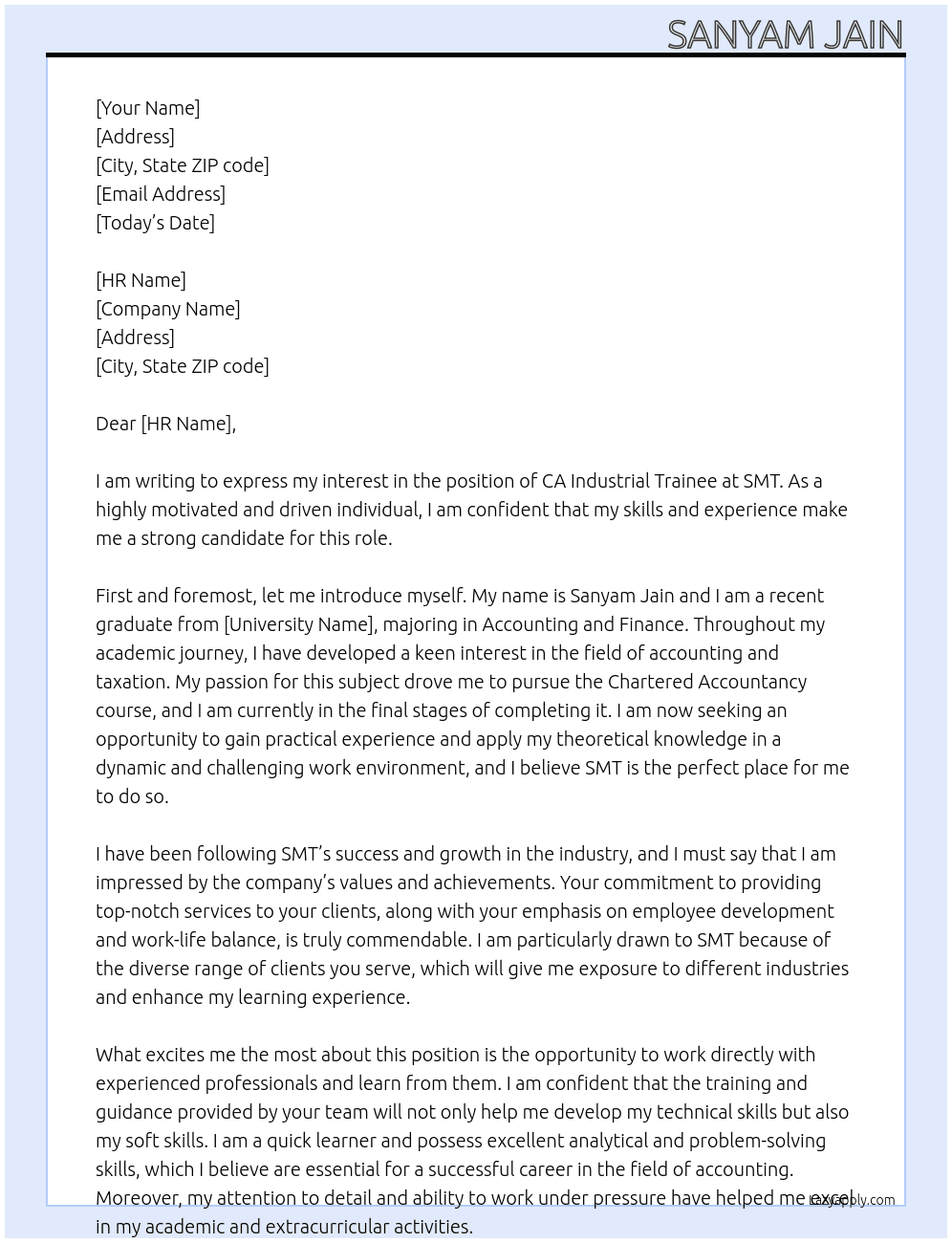 CA Industrial Trainee At SMT Cover Letter