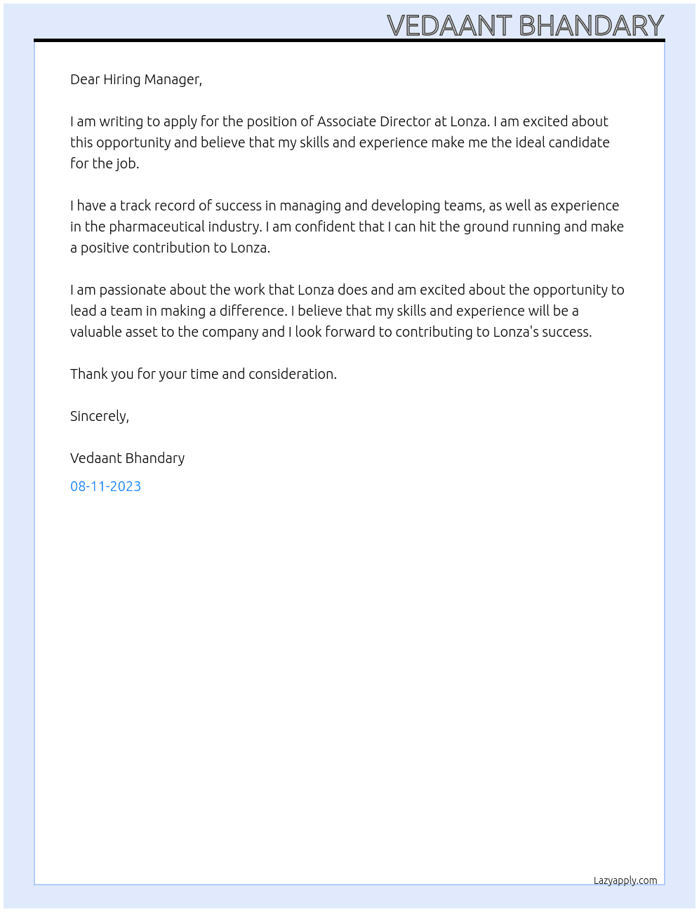 associate director At Lonza Cover Letter