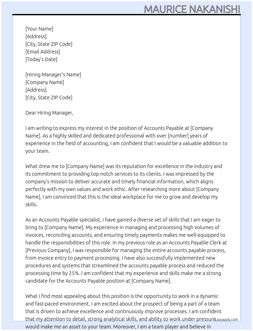 Accounts Payable  At Billing Assistant Cover Letter