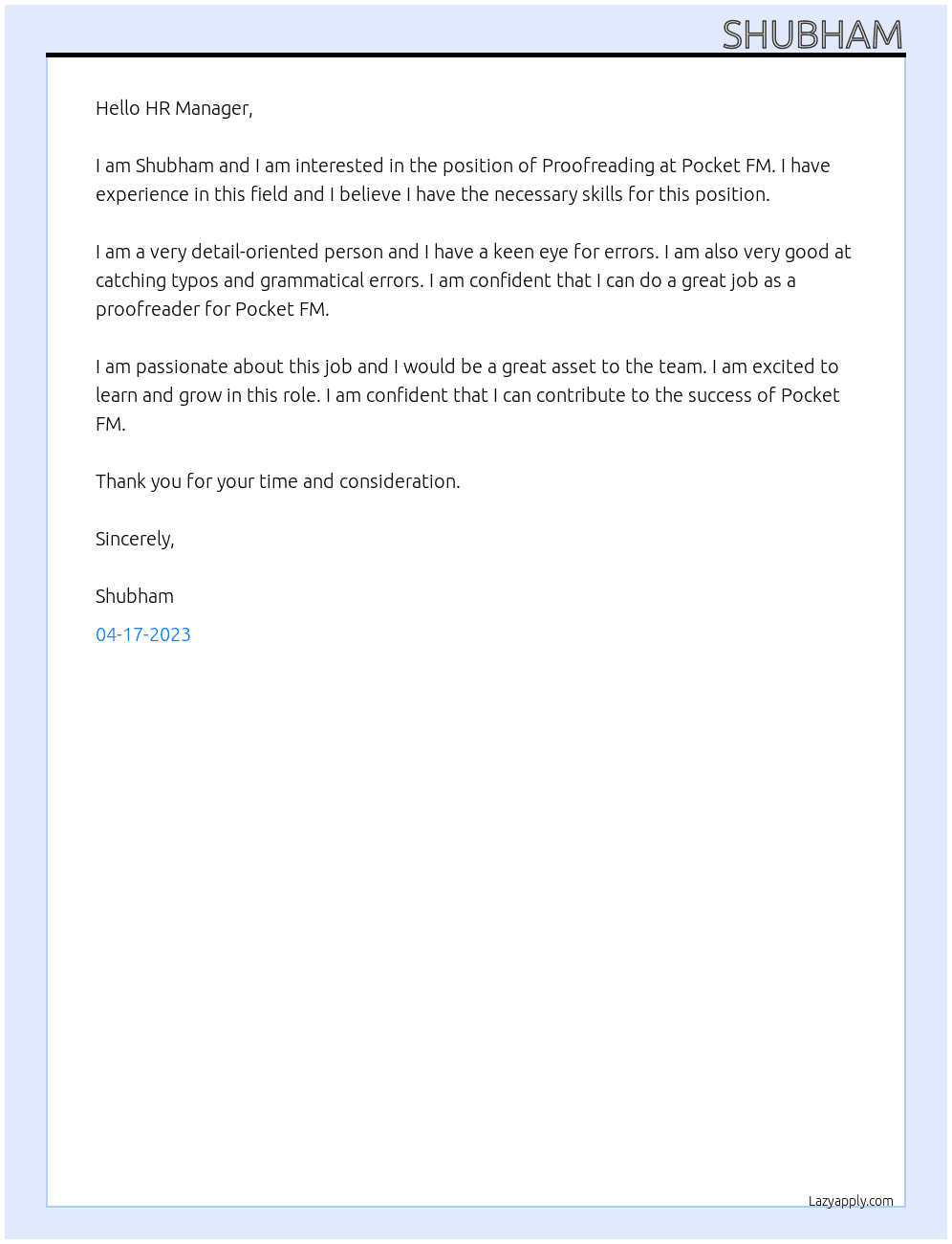 Proofreading At Pocket FM  Cover Letter