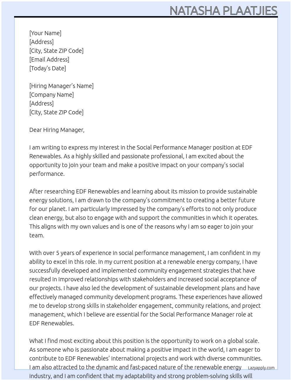 Social Performance Manager At EDF Renewables Cover Letter