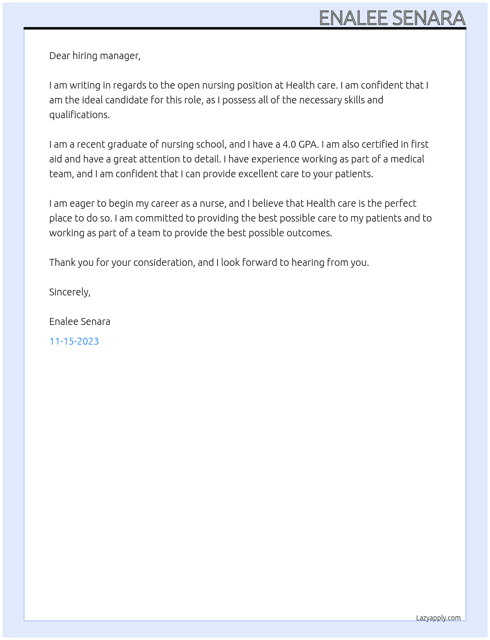 Nursing At Health care Cover Letter
