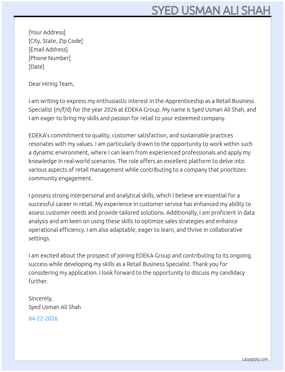 Apprenticeship as a Retail Business Specialist (m/f/d) - 2026 At EDEKA group Cover Letter