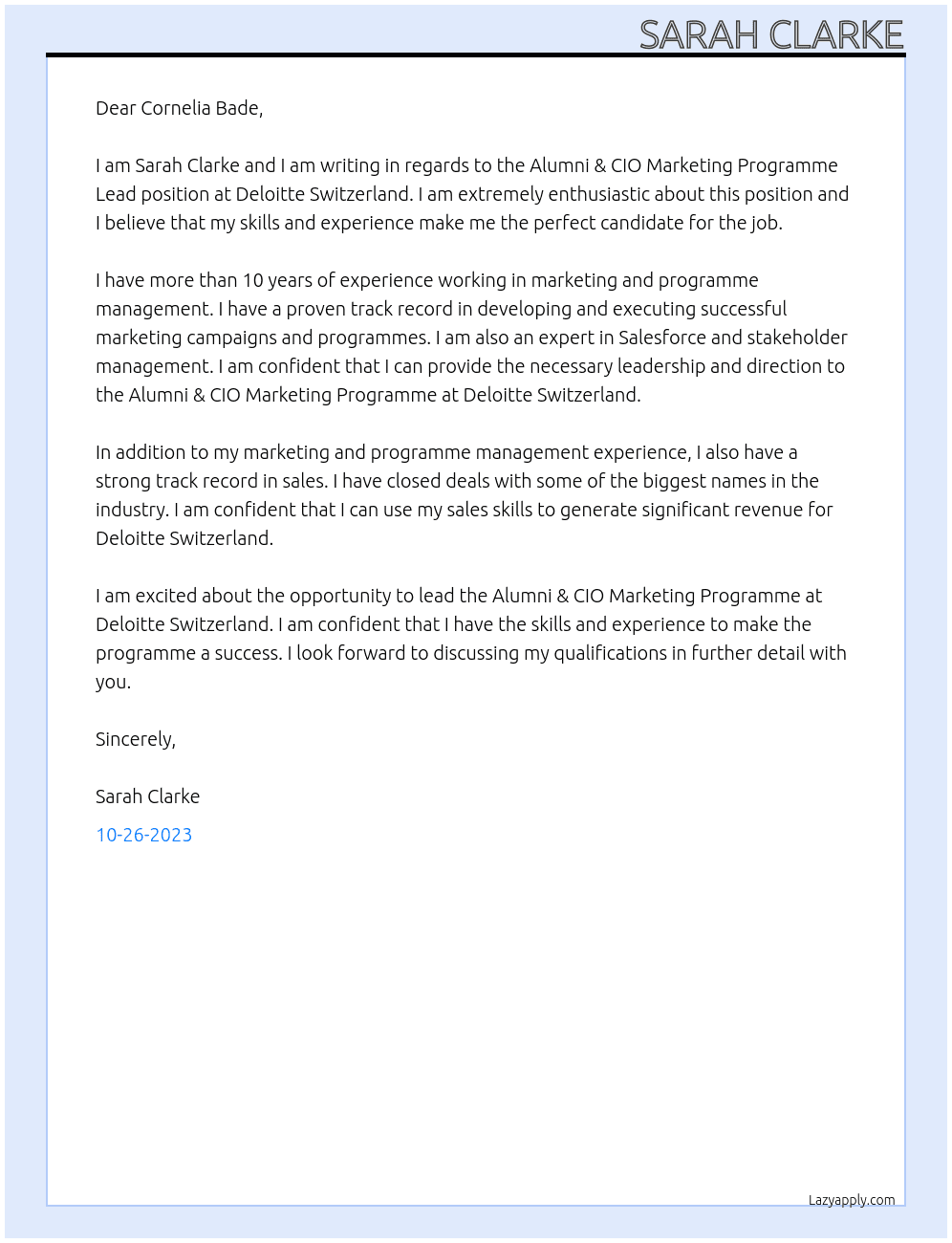 Alumni & CIO Marketing Programme Lead  At Deloitte Switzerland Cover Letter