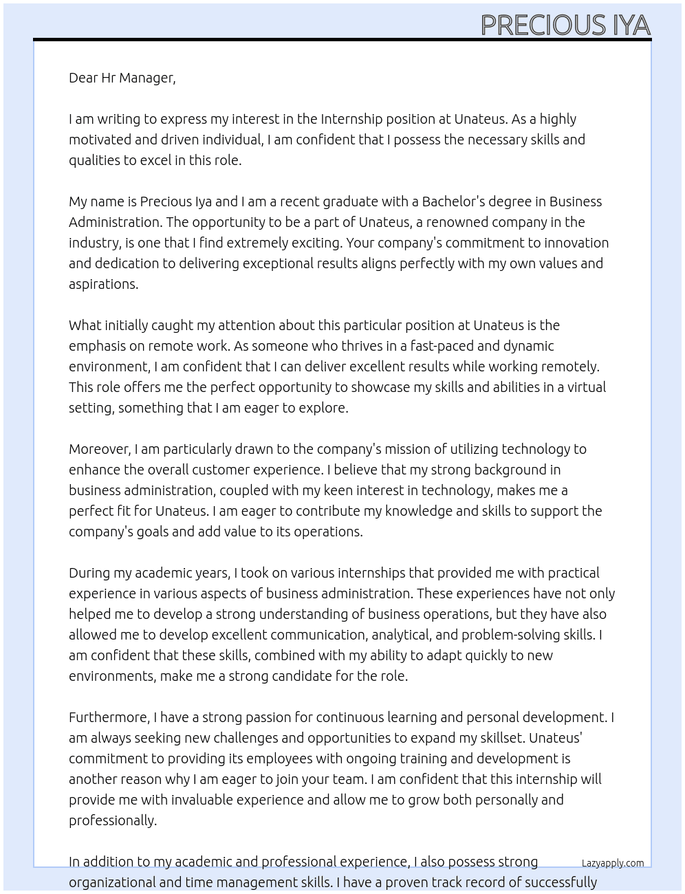 Internship  At Unateus Cover Letter