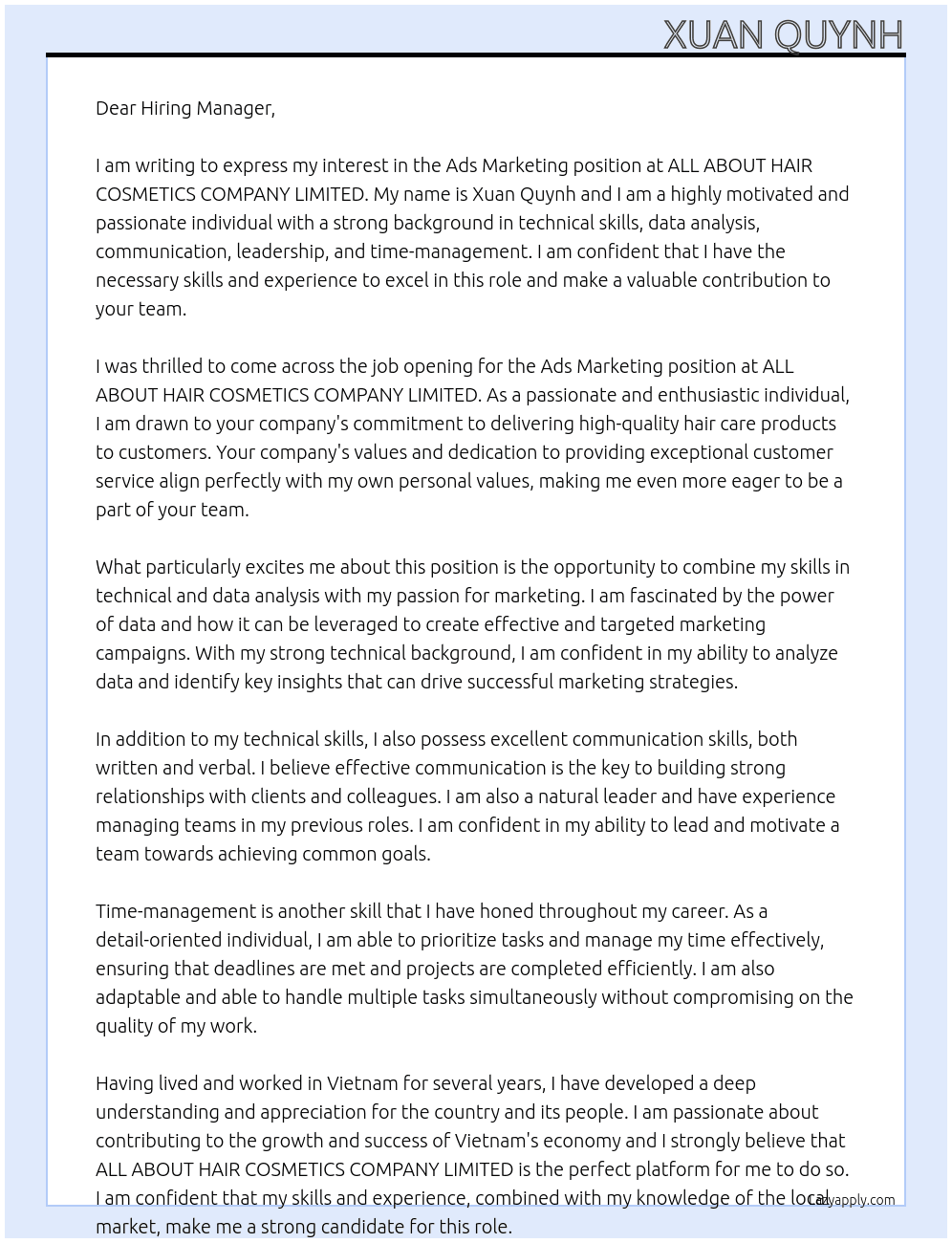 Ads Marketing At ALL ABOUT HAIR COSMETICS COMPANY LIMITED Cover Letter