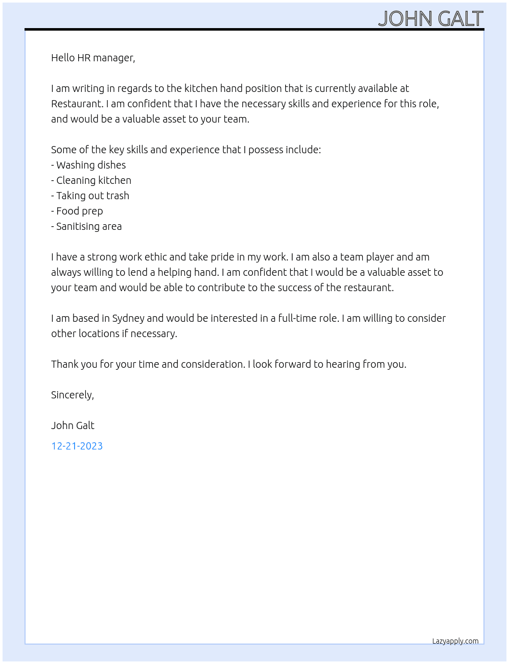 kitchen hand At Restaurant Cover Letter