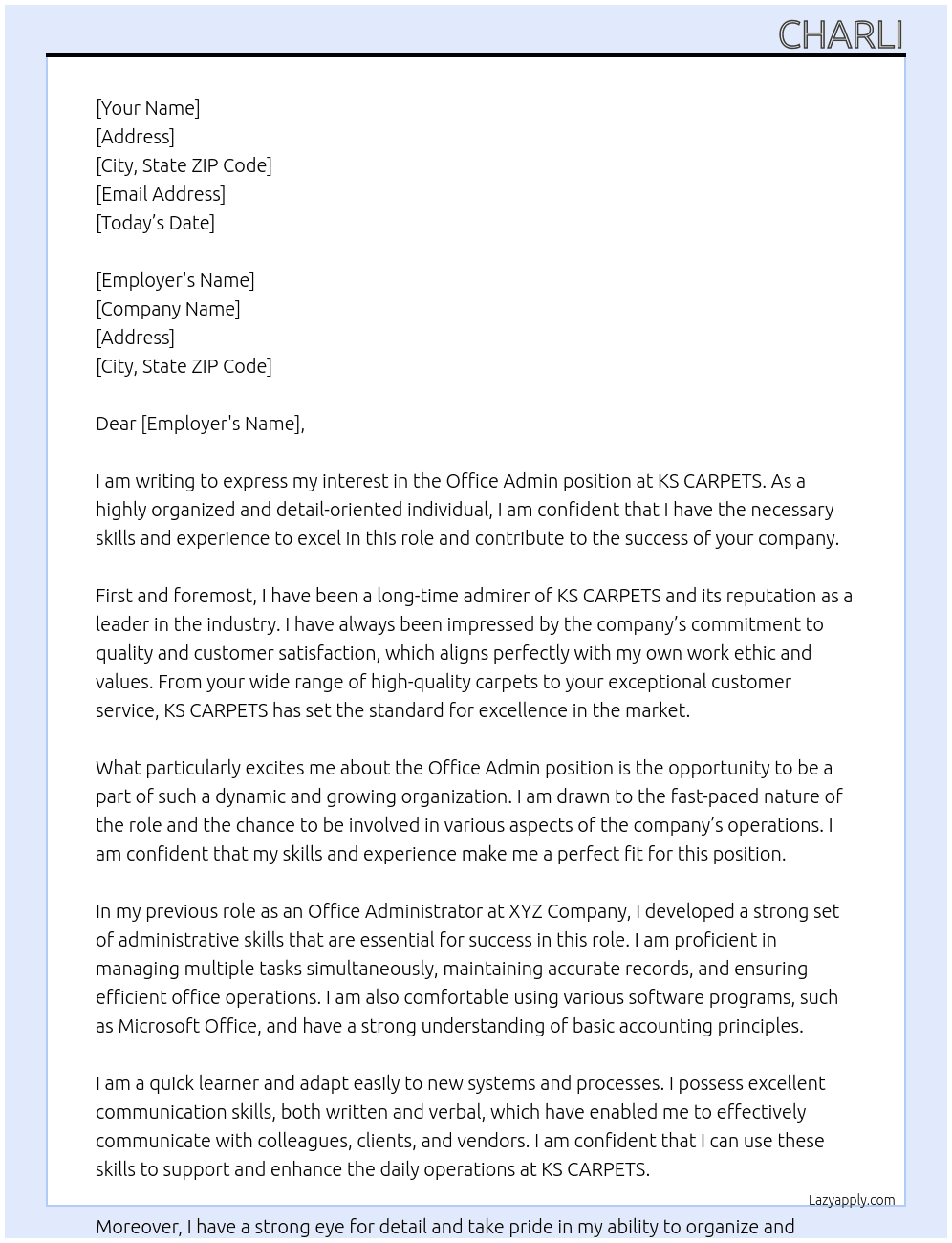 office admin At KS CARPETS Cover Letter