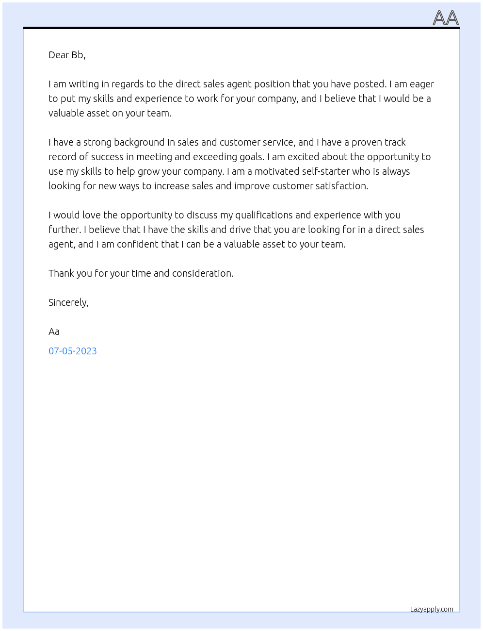 Direct sales agent At Uu Cover Letter