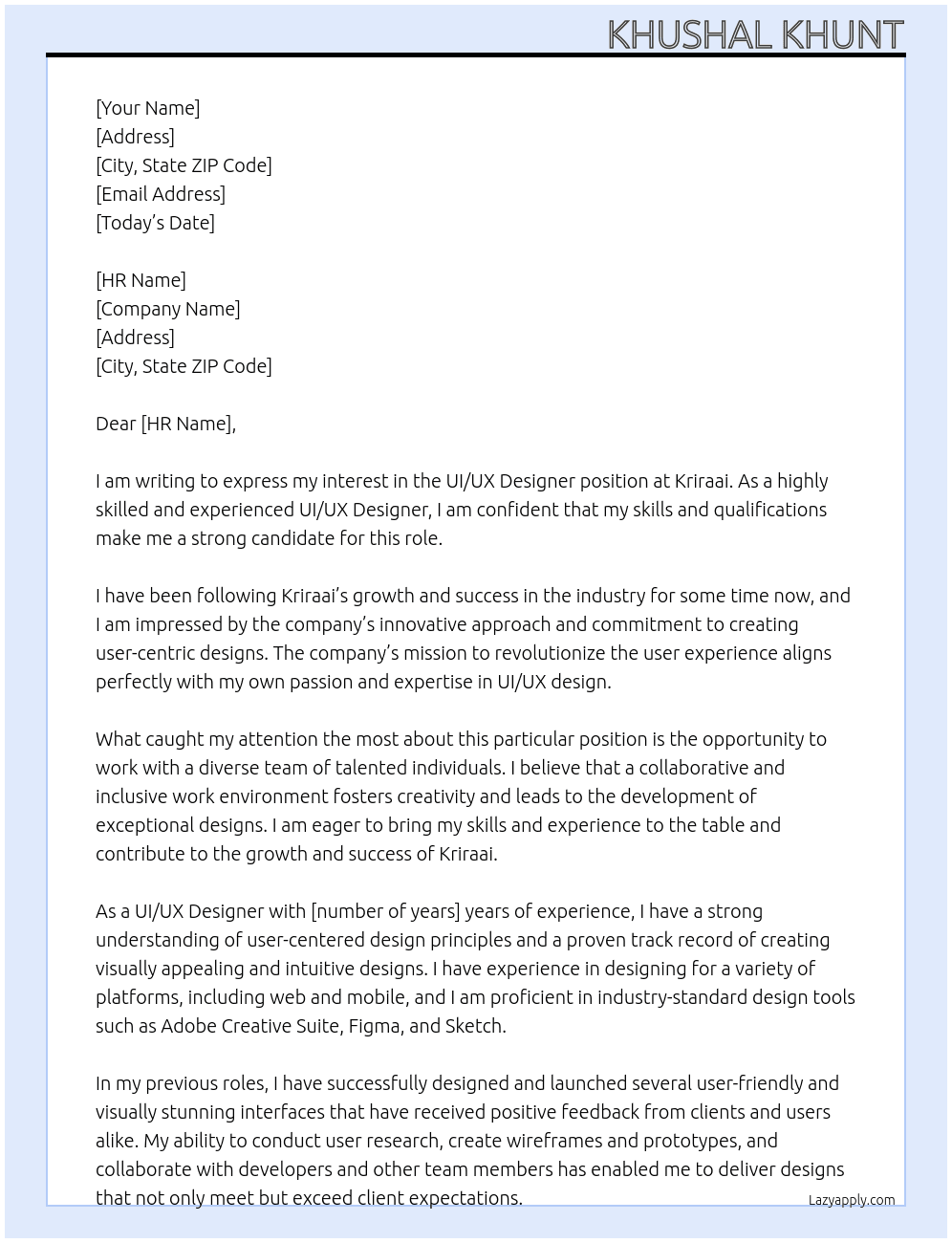ui ux designer At kriraai Cover Letter