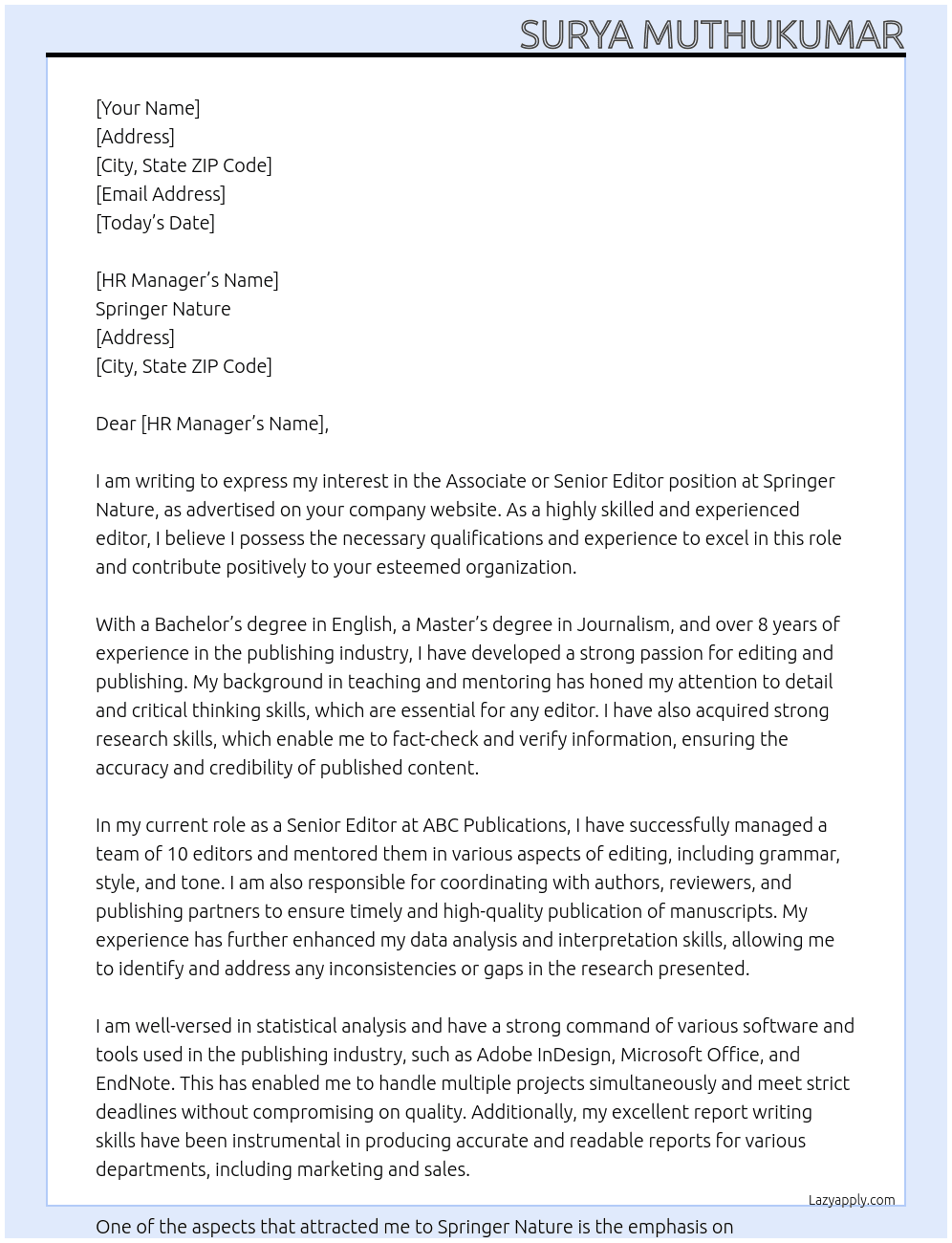 Associate or Senior Editor At Springer Nature Cover Letter