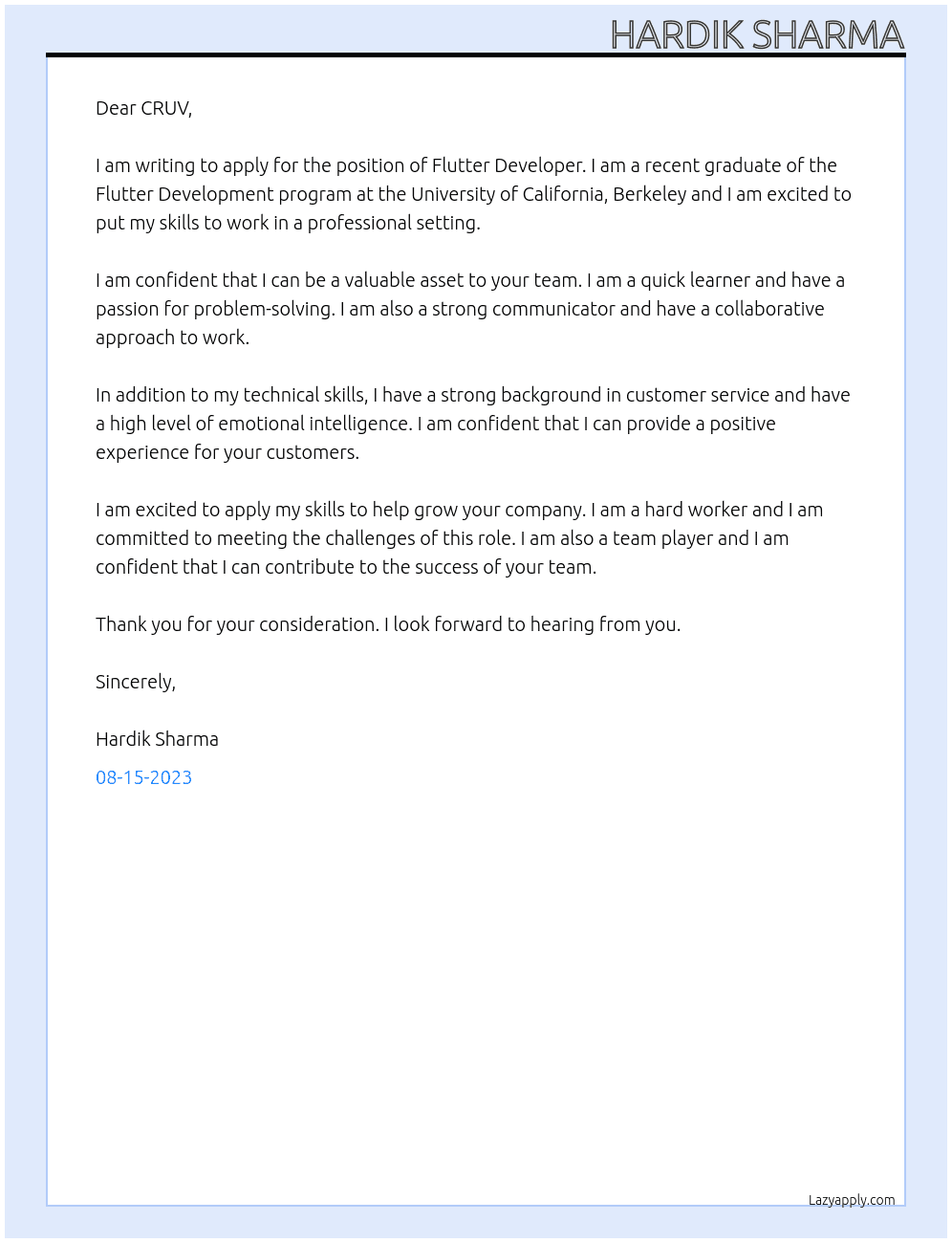 Flutter Developer At CRUV Cover Letter