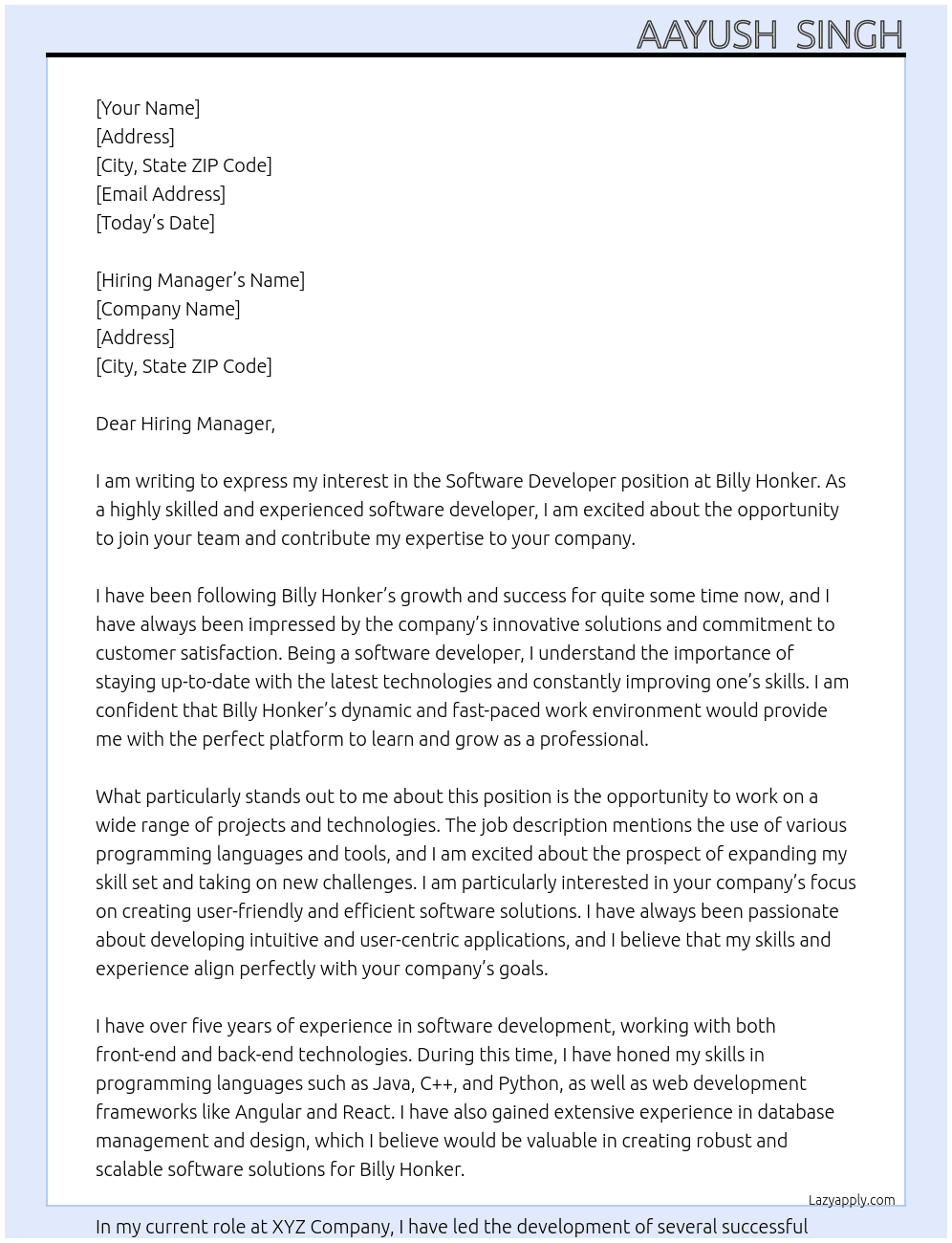 Software Developer At Billy Honker Cover Letter