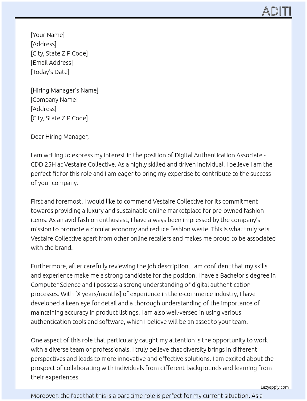 Digital Authentication Associate - CDD 25H At Vestaire Collective Cover Letter