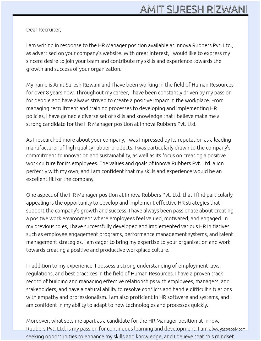HR Manager At Innova Rubbers Pvt. Ltd. Cover Letter