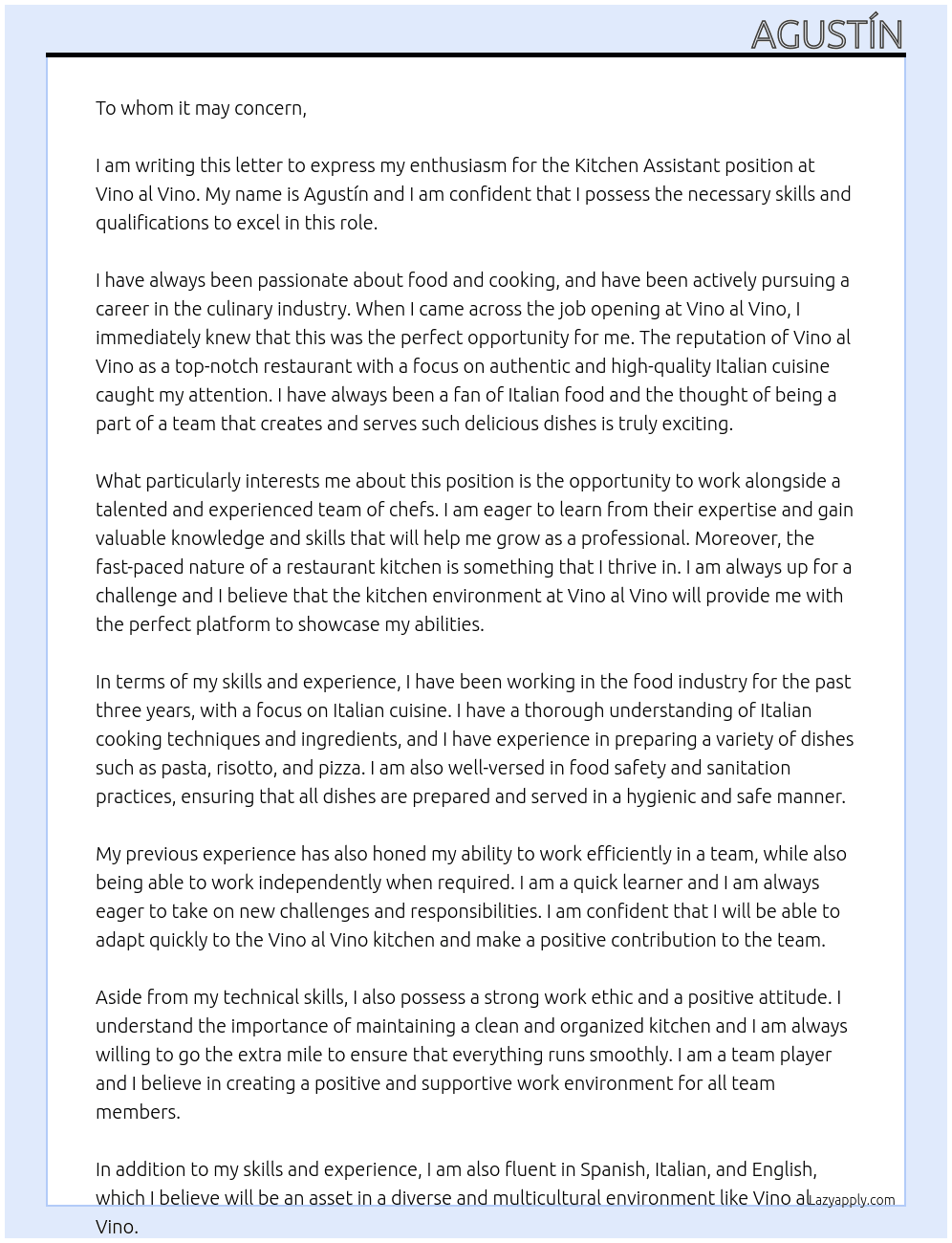 Kitchen Assistant At Vino al Vino Cover Letter