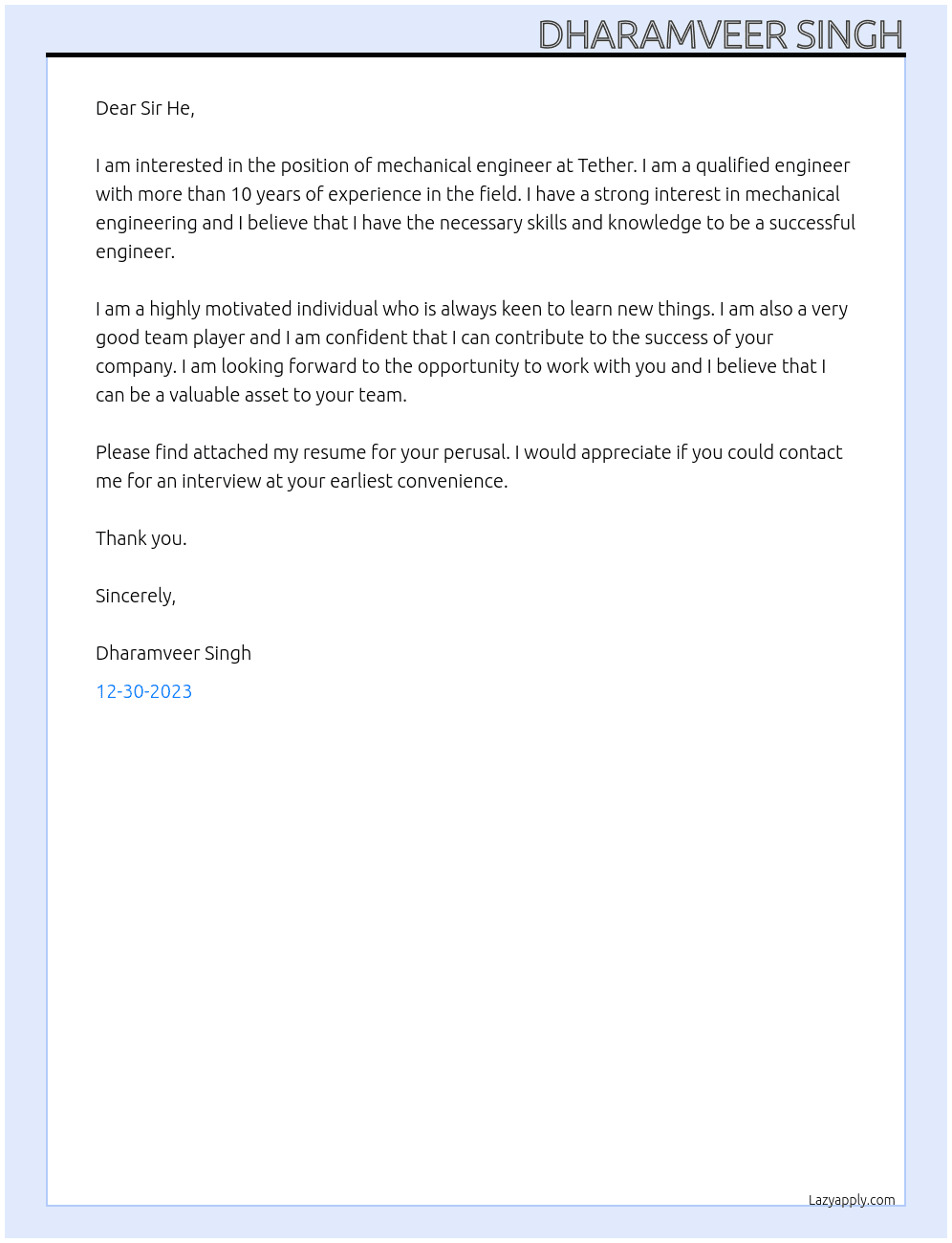 Mechanical engineer At Tether  Cover Letter