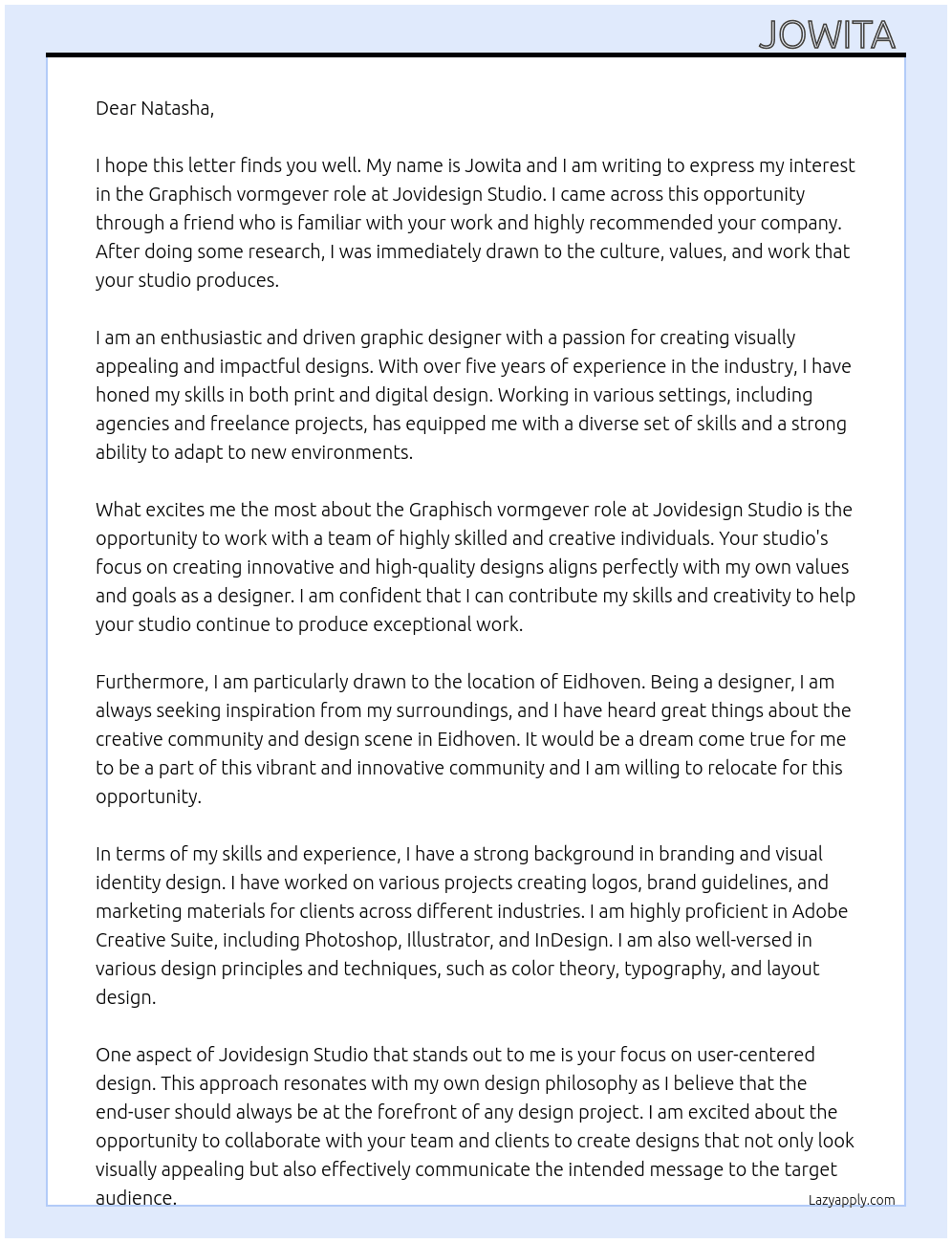 Graphisch vormgever At Jovidesign Studio Cover Letter