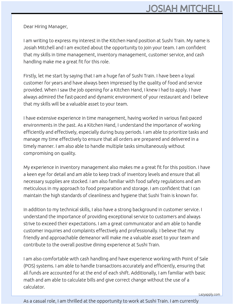 Kitchen Hand At Sushi Train Cover Letter