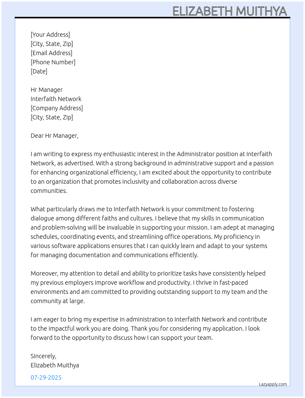 Administrator At Interfaith Network  Cover Letter