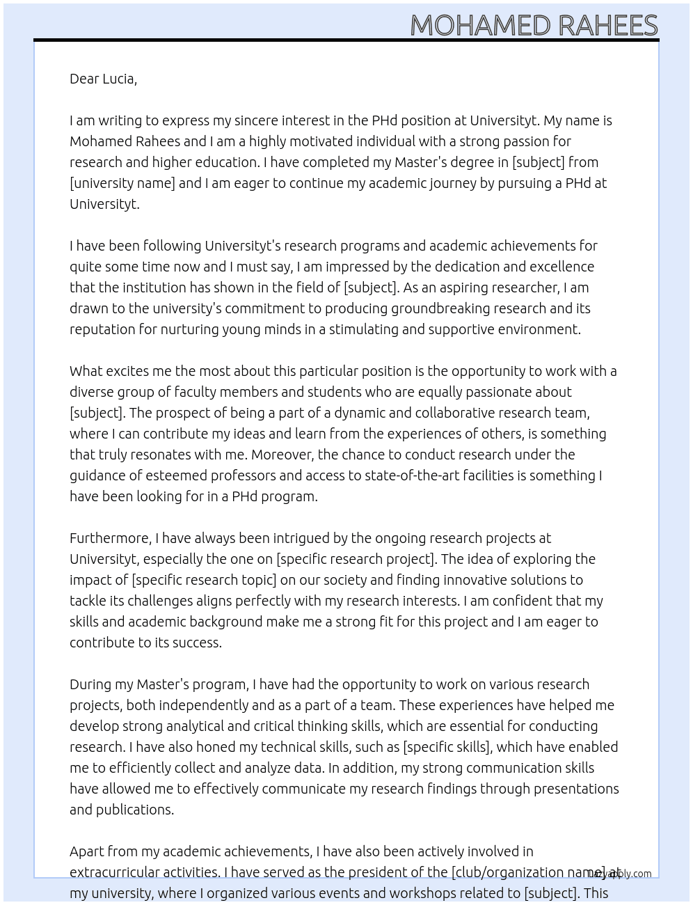 Cover letter for applying for phd - LazyApply