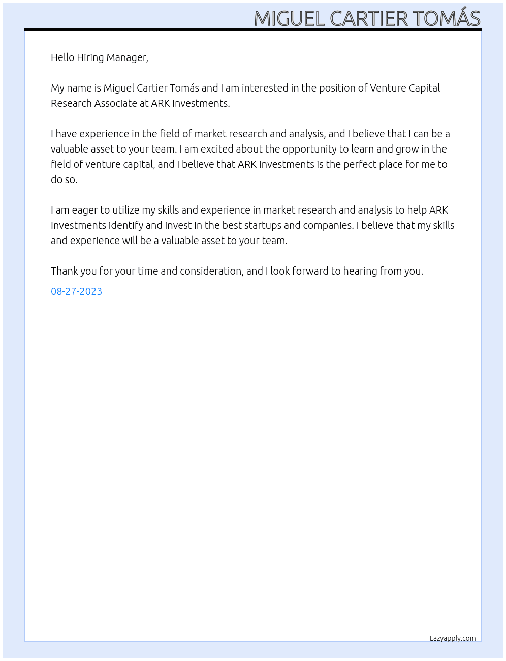Venture Capital Research Associate At ARK Investments Cover Letter