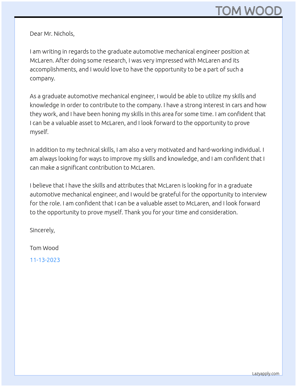 Graduate Automotive Mechanical Engineer At McLaren Cover Letter