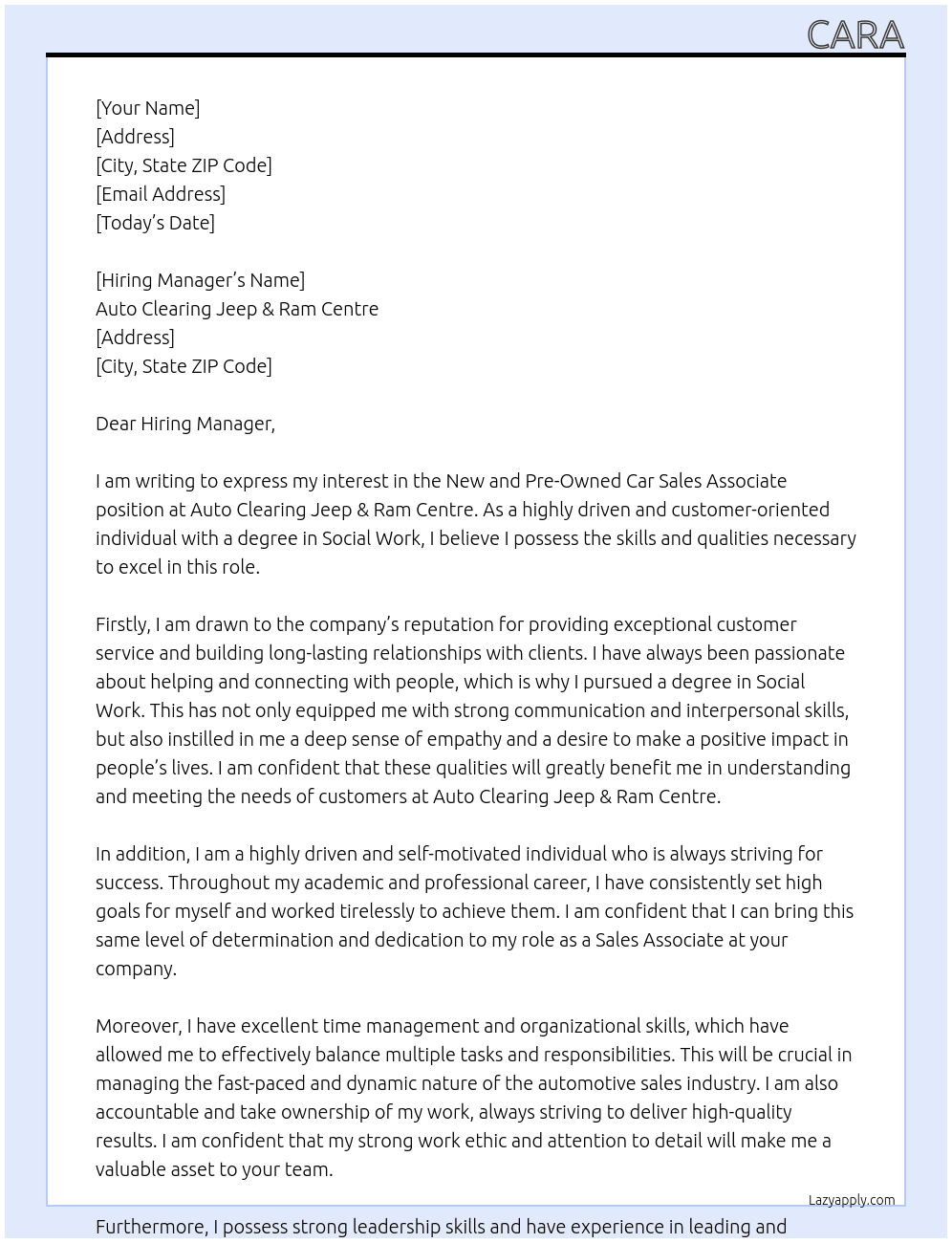 New and pre owned car sales associate At Auto Clearing Jeep & Ram Centre Cover Letter