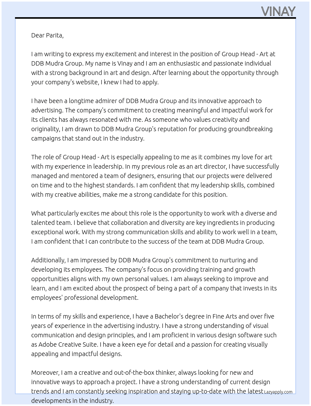 Group Head - Art At DDB Mudra Group Cover Letter