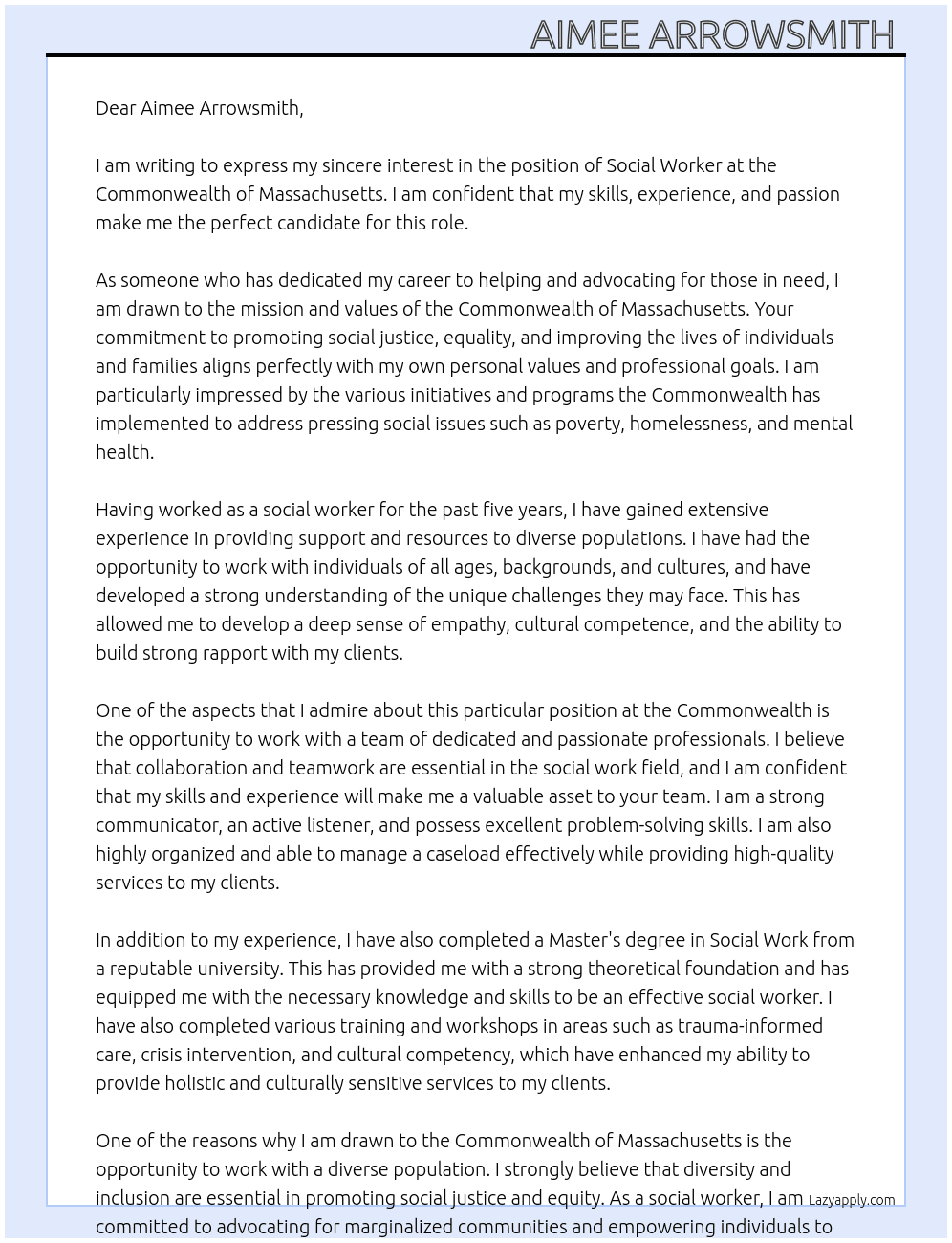 Social Worker At Commonwealth of Massachusetts  Cover Letter