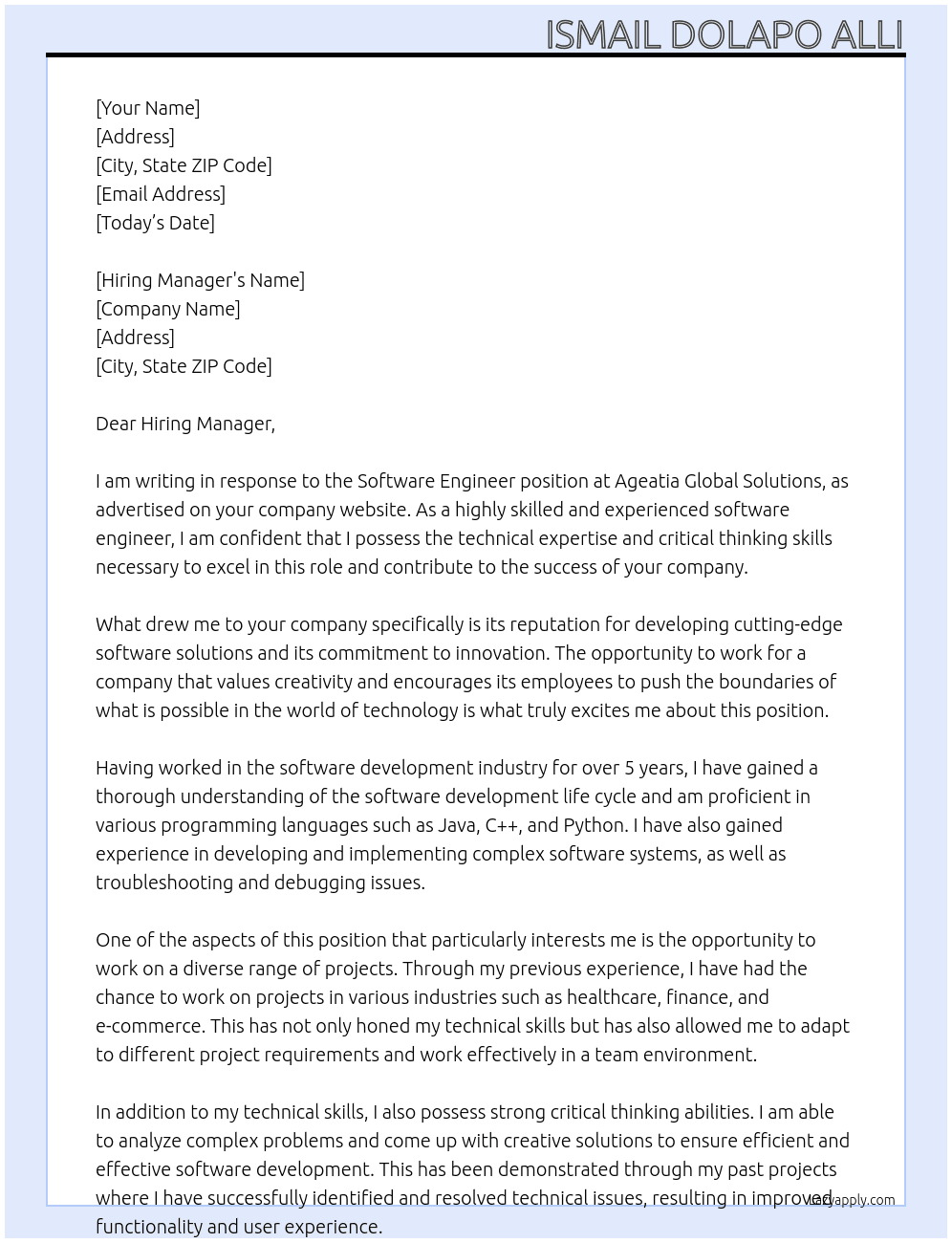 Software Engineer At Ageatia Global Solutions Cover Letter