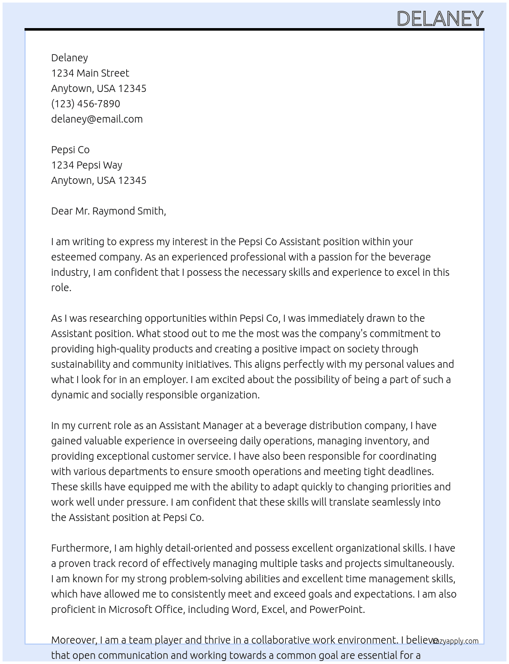 Pepsi Co Assistant At Pepsi co Cover Letter