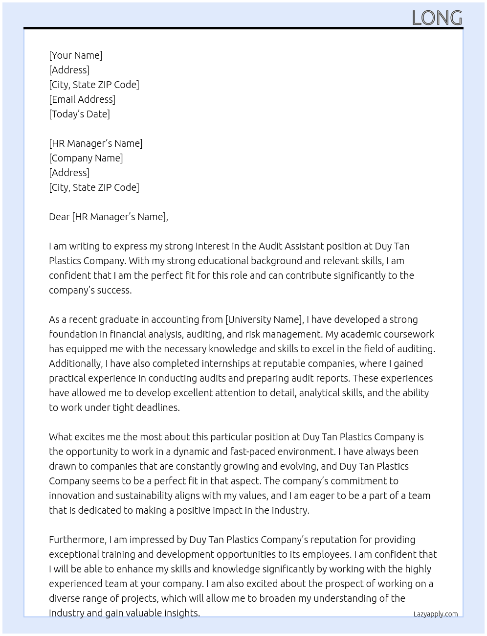 Audit Assistant At Duy Tan Plastics Company Cover Letter