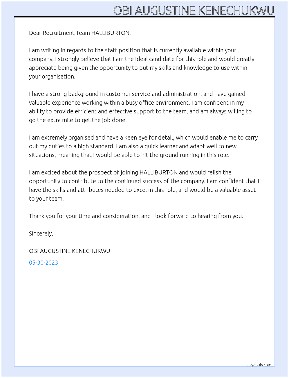 Staff At HALLIBURTON Cover Letter
