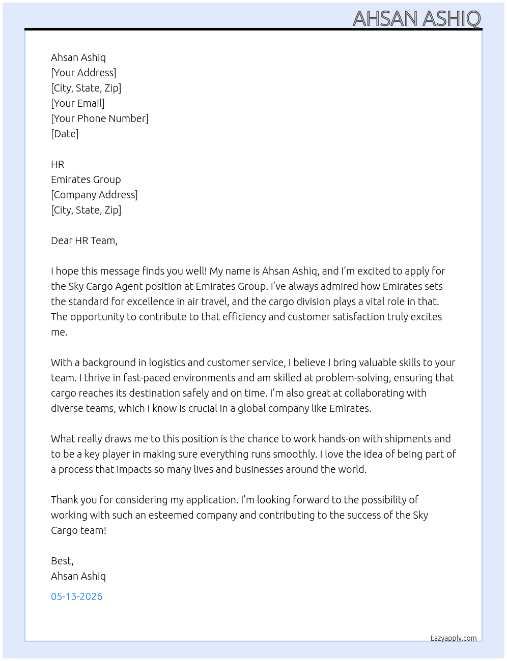sky cargo agent At emirates group Cover Letter