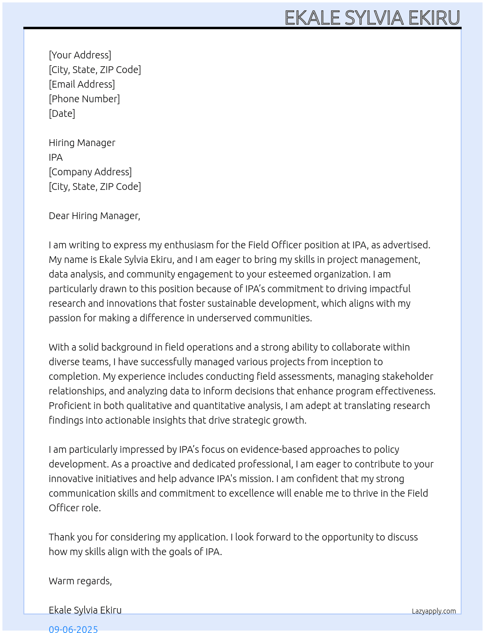 FIELD OFFICER  At IPA Cover Letter
